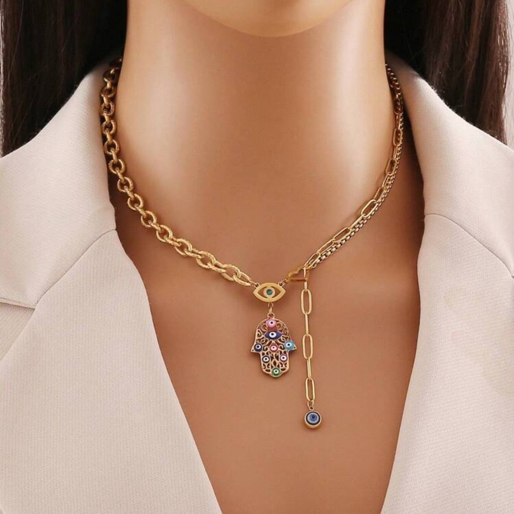 Gold Plated Stainless Steel Hamsa & Evil Eye Pendant Necklace